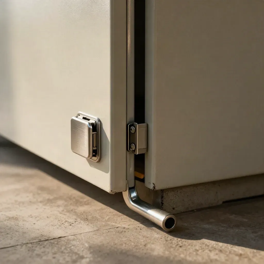 Utility cabinet seam with tamper sensor and latch cover closing in warm light.