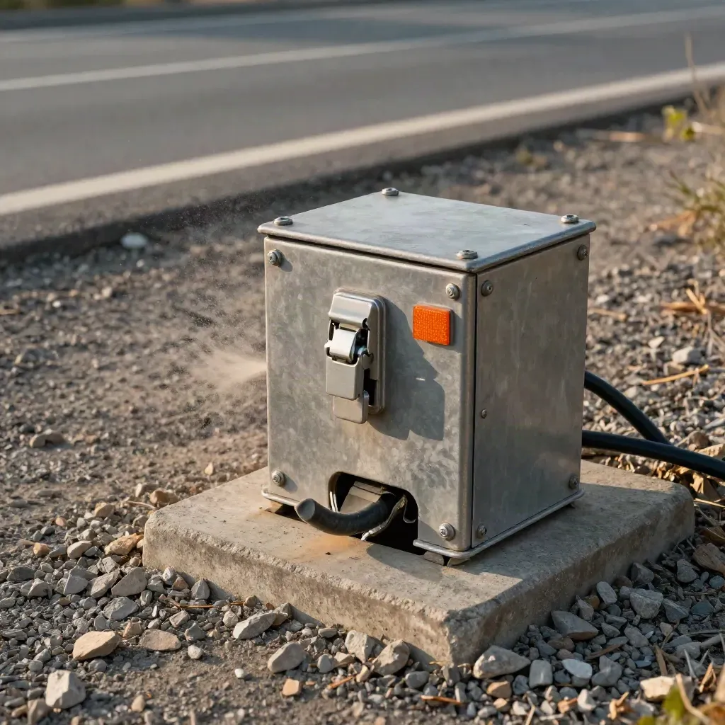 Roadside handhole with alarm unit and locked armored cable cover in warm dusk light.