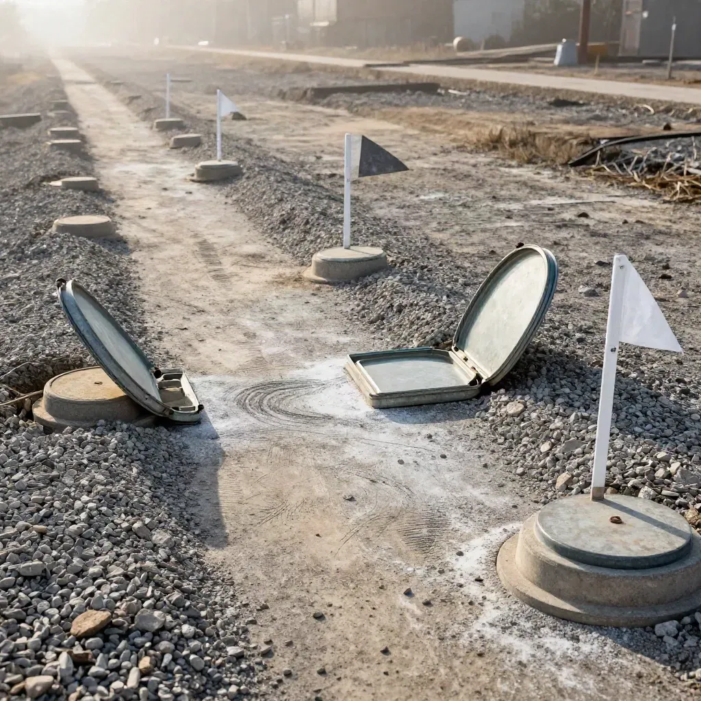 Open vault lids and white route stakes on a gravel cable path under morning haze.