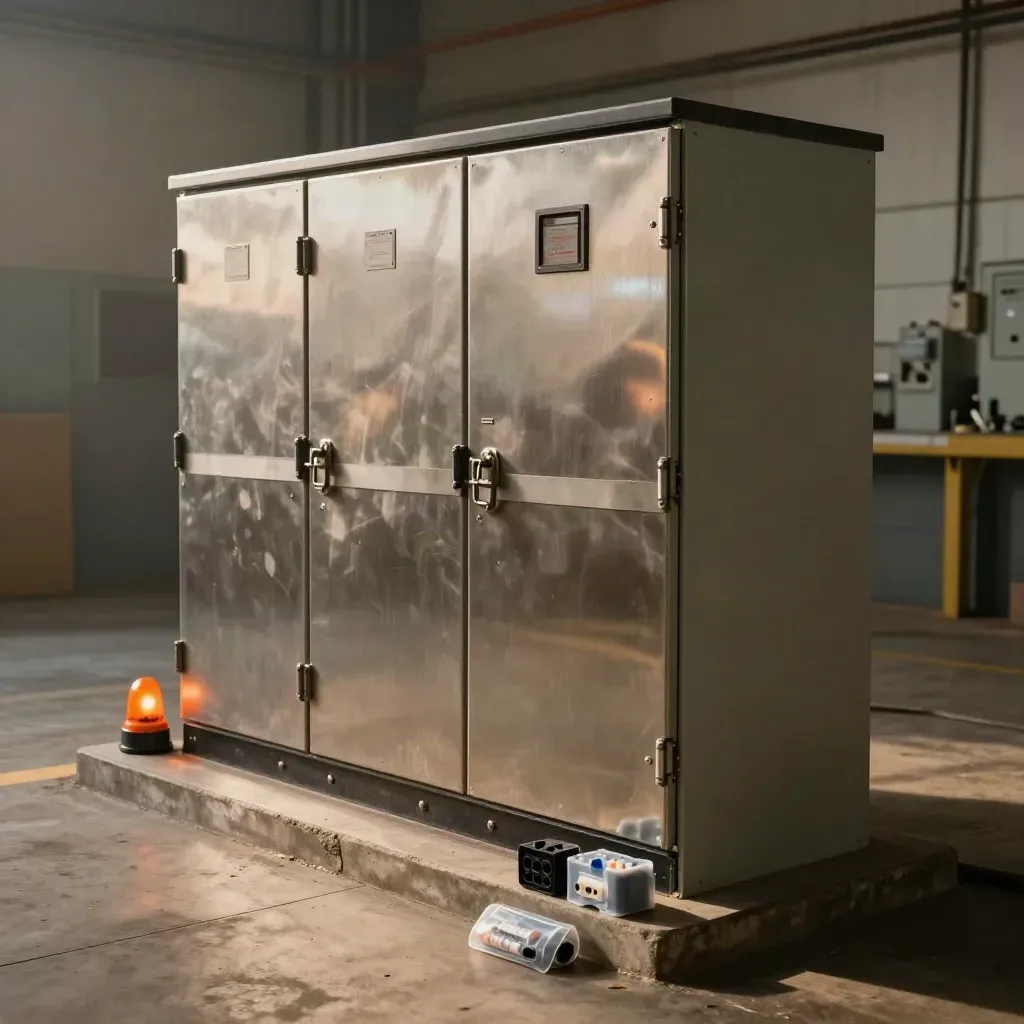 Plant cabinet bank with sealed spares, connectors, and a ready handoff tray in warm industrial light