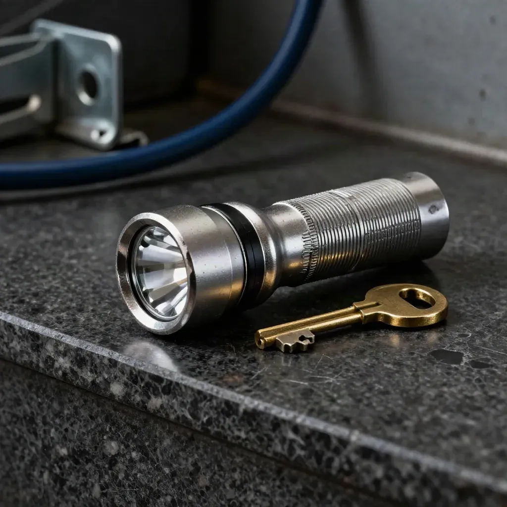 Inspection flashlight, cabinet key, and worn cable-cover sample on dark stone.