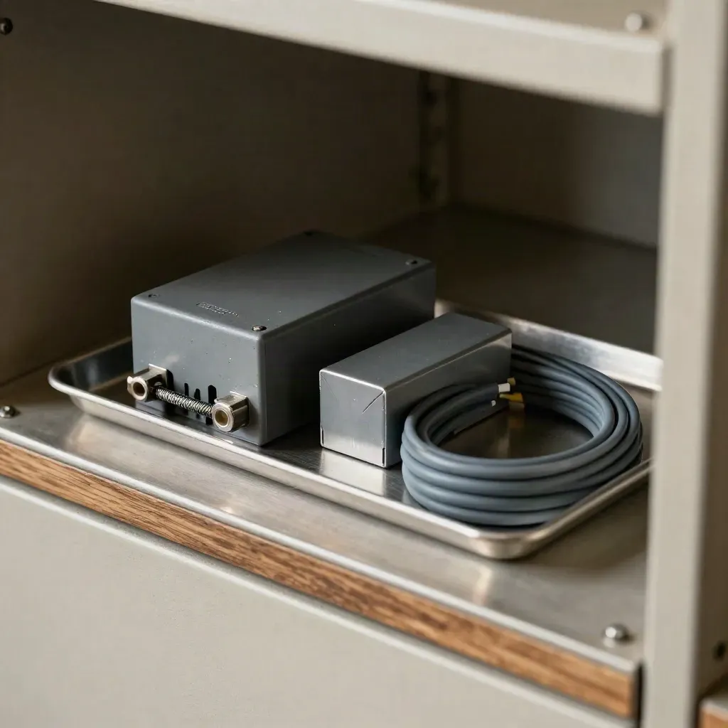 Relay module, battery pack, and coiled patch lead on a brushed metal tray