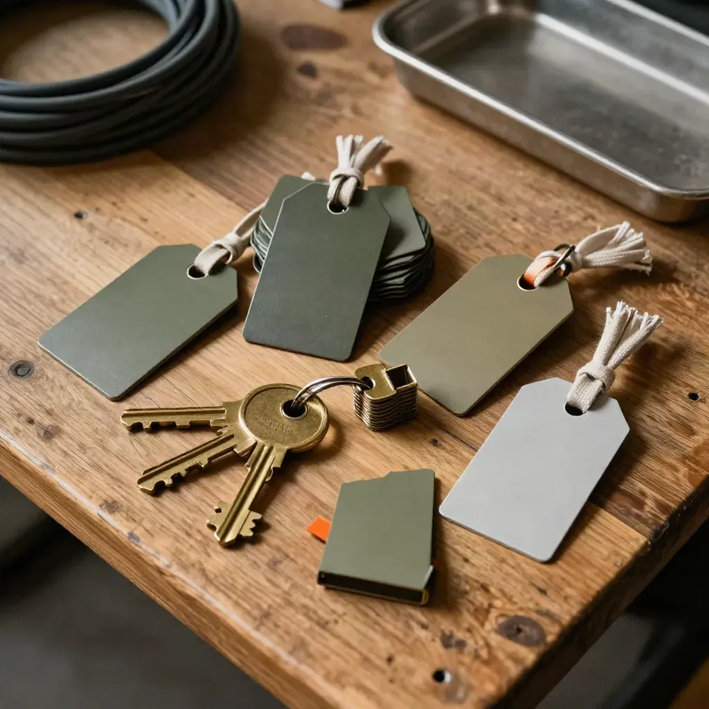 Flat lay of brass keys, cable seal crimps, and color-banded asset tags on oak.