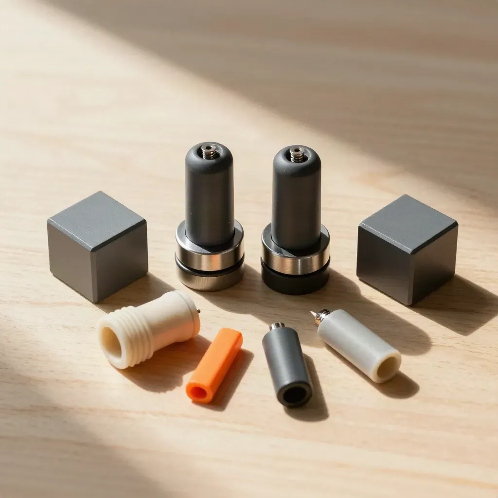 Tamper sensors, magnetic blocks and conduit elbow arranged on pale wood in a clean placement plan