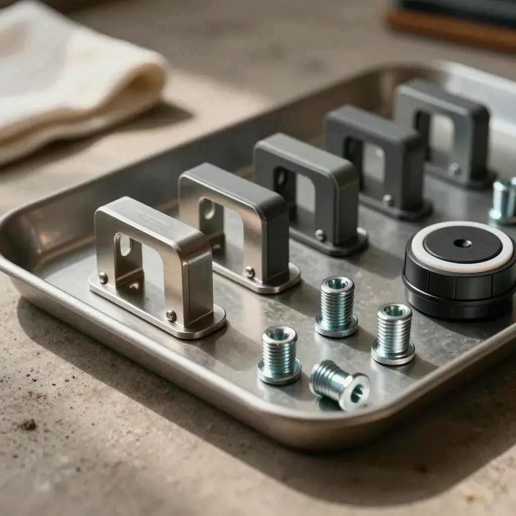 Brackets, cable covers, fasteners, and alarm puck arranged neatly on a stone tray.