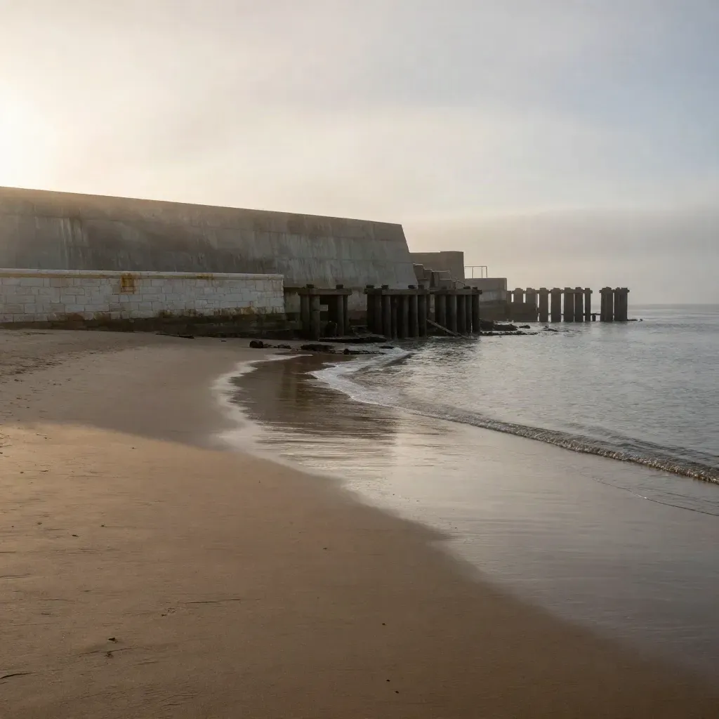 Salt-fog dawn over Galveston seawall and port structures with calm open shoreline.