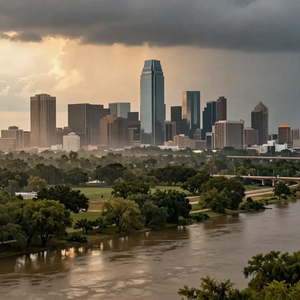 Dallas skyline above floodplain after storm at golden hour